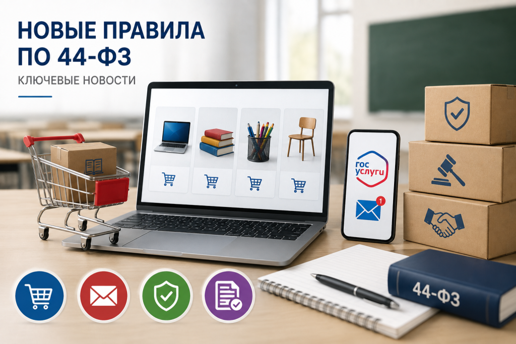 Иллюстрация новых правил госзакупок по 44-ФЗ: маркетплейсы для школ, Госуслуги и изменения для поставщиков.